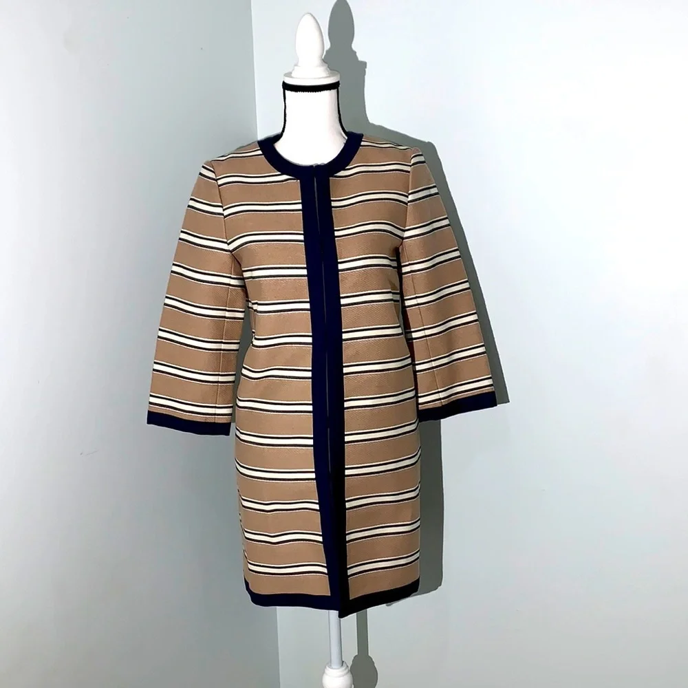 Ann Taylor XS Rail Stripe Topper Coat Beige Navy White Tan